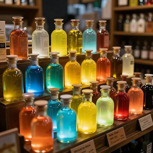 Photograph of colorful, glowing glass bottles with various hues (blue, yellow, red, green) displayed on wooden shelves in a dimly lit store