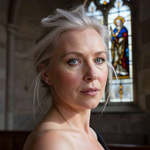Photograph of a fair-skinned, blue-eyed woman with white hair in a loose updo, illuminated by sunlight, standing in a dimly lit