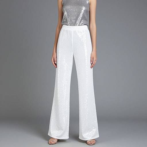 Photograph of a woman wearing a shimmering silver sleeveless top and wide white high-waisted pants, standing against a plain gray background.