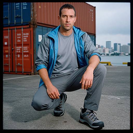 Photograph of a muscular, short-haired man in a blue jacket and gray pants, crouching in a cargo terminal with city skyline background, wearing