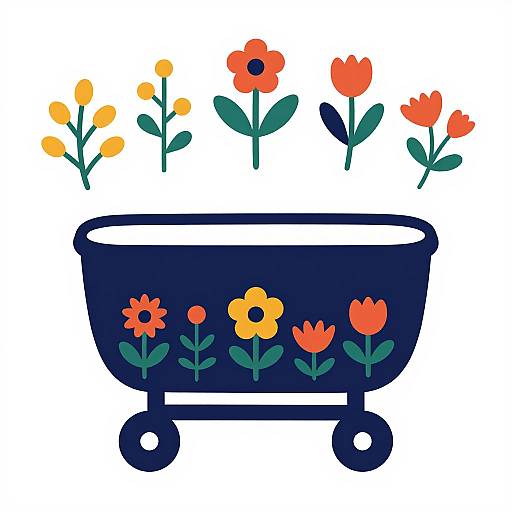 Digital illustration of a dark blue flower pot with wheels, featuring orange and red flowers with green leaves on the pot and above it.