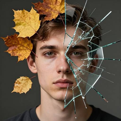 Photograph of a young man with fair skin and brown hair, split by a cracked glass effect, with autumn leaves floating around his head against a dark