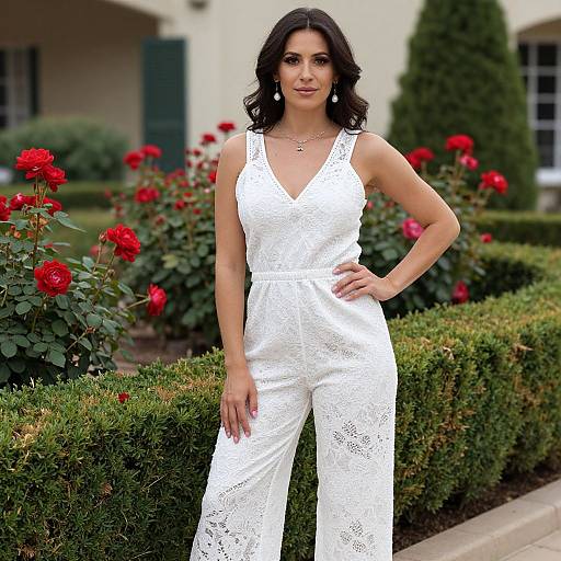 Photograph of a dark-haired woman in a white lace sleeveless jumpsuit, standing in a garden with red roses and trimmed hedges.