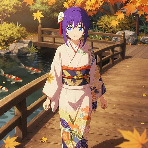 Anime-style drawing of a purple-haired girl in a white floral kimono, standing on a wooden bridge with autumn leaves, koi fish in a pond