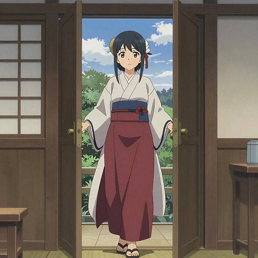 Anime-style drawing of a young woman with black hair, wearing a white kimono top and red hakama, standing in a wooden doorway with a blue
