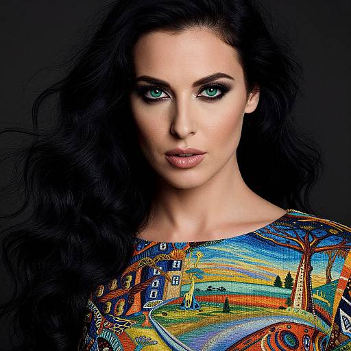 Photograph of a striking woman with long black hair, intense green eyes, and colorful, intricately patterned top against a dark background.