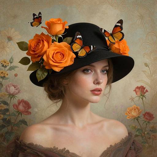 Digital painting of a fair-skinned woman with blue eyes, wearing a black hat adorned with orange roses and black butterflies, against a floral background.