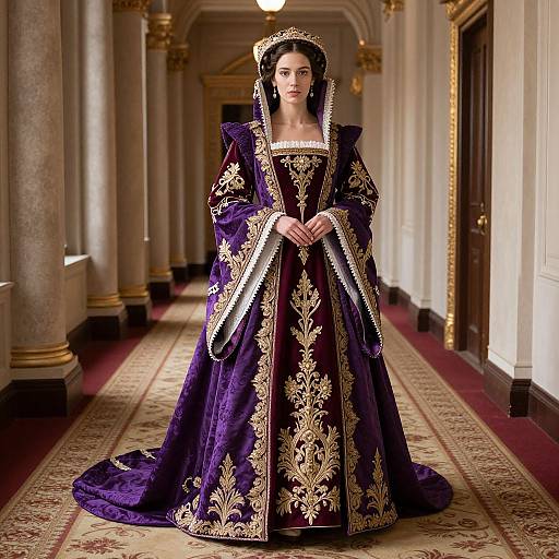 Regal Tudor Woman in Ornate Hallway