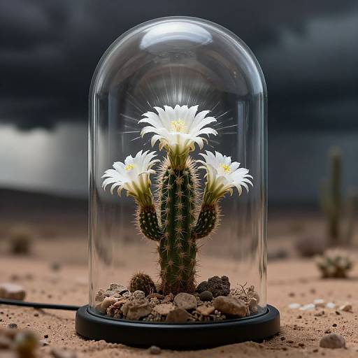 Photograph of a glowing white-flowered cactus in a clear dome on sandy desert ground with dark, cloudy sky background.