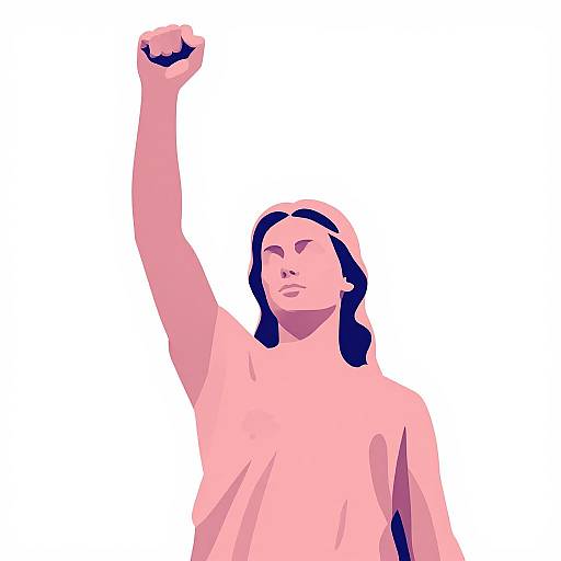 Digital illustration of a pink-toned woman with long dark hair, raising her right arm triumphantly against a white background.