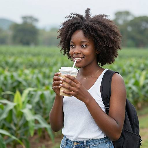Photograph of a smiling black woman with natural afro, wearing a white tank top and blue jeans, holding a drink with a straw, standing in