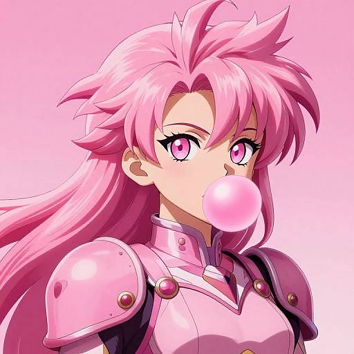 Anime-style digital drawing of a pink-haired girl with sparkling purple eyes, blowing pink bubble gum, wearing pink and white armor.