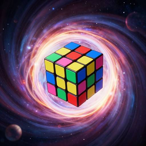 Digital artwork of a colorful Rubik's Cube at the center of a swirling, luminous vortex in a starry, cosmic space.