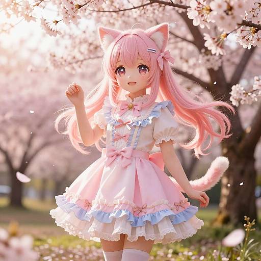 Anime-style digital artwork of a cute pink-haired girl with cat ears and tail, wearing a frilled pink and blue dress, standing among blooming cherry