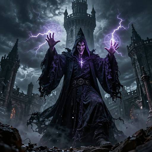 Dark mage with glowing purple eyes and tattered black cloak, holding lightning-infused orbs, stands in front of a stormy, Gothic castle. Digital