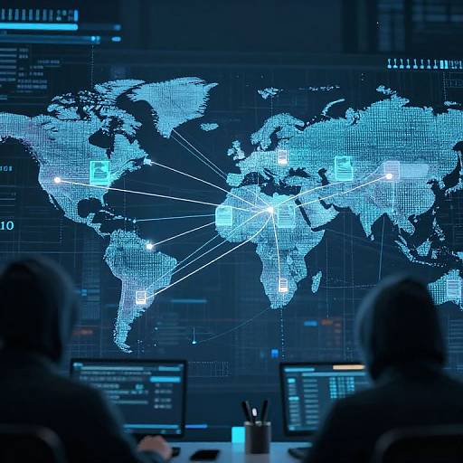 Photograph of two silhouetted individuals in front of a glowing blue digital world map displaying interconnected data points on multiple computer screens.