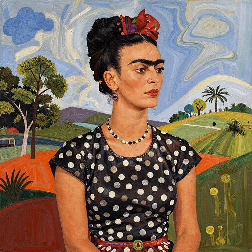 Contemplative Frida-Inspired Polka-Dot Landscape Portrait