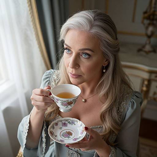 Photograph of a silver-haired woman with blue eyes, wearing a light blue, ornate dress, holding a floral tea cup and saucer, in