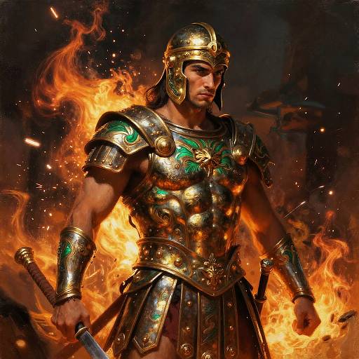 Photograph of a muscular, serious-looking warrior in golden armor with green accents, standing amidst intense flames, holding a sword in his right hand. Dark