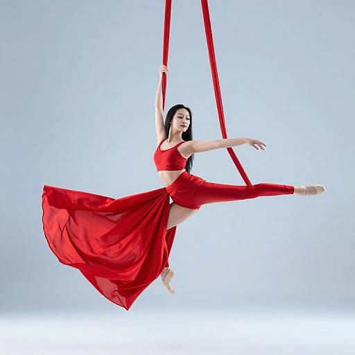Graceful Aerial Silk Dancer with Red Fabric