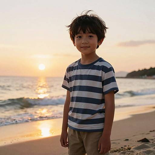 Photograph of a young boy with messy black hair, wearing a blue and white striped shirt and beige pants, standing on a sandy beach at sunset with