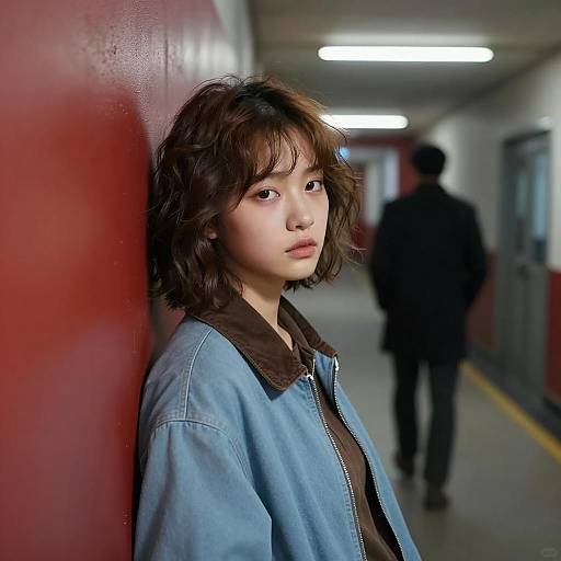 Young Woman Leaning on Wall in Dim Corridor