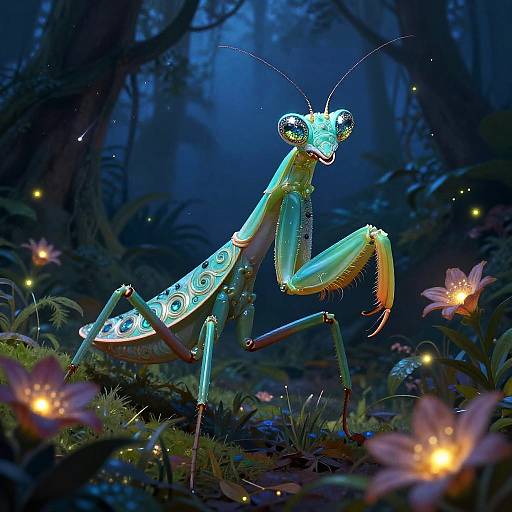 Glimmering Turquoise Mantis in Jungle
