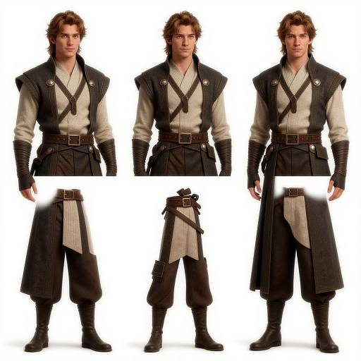 Photograph of a curly-haired man in a black, sleeveless vest, beige shirt, brown belt, and black pants, shown in front and side