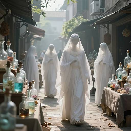 Photograph: Five ghostly, white-robed figures with shrouded faces walk through a sunlit, cobblestone marketplace, surrounded by various