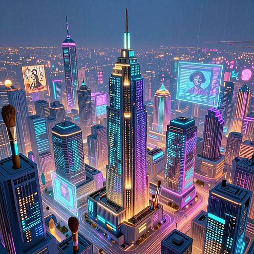 Neon-lit futuristic cityscape with brightly illuminated skyscrapers, glowing advertisements, and vibrant purple, blue, and pink lights. Digital illustration style