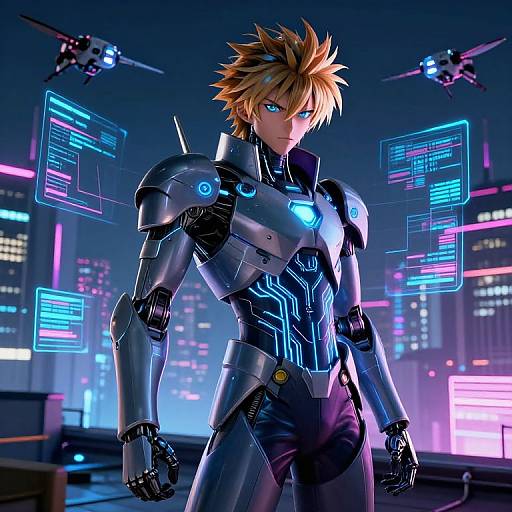 Futuristic Cybernetic Warrior on Neon Rooftop