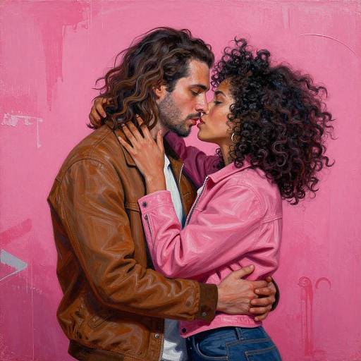 Photograph of a curly-haired Black woman in a pink jacket kissing a bearded white man with long brown hair in a brown leather jacket against a vibrant