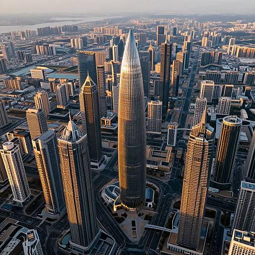 Aerial photograph of a modern cityscape at sunset, featuring towering skyscrapers with golden sunlight reflecting off their glass facades, surrounded by dense urban