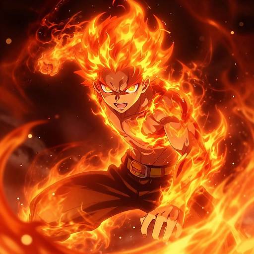 Dynamic anime illustration of a muscular male character engulfed in bright, fiery flames, with intense, glowing eyes and outstretched fists, set against a