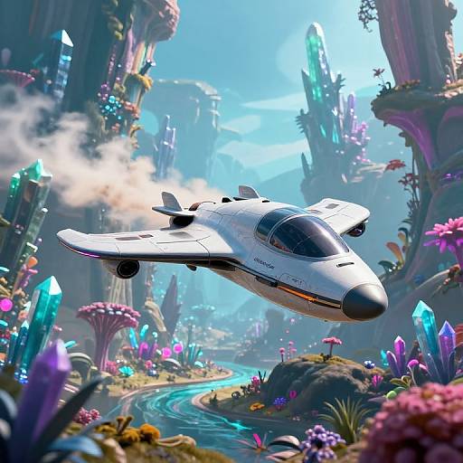 Digital artwork of a sleek, white, futuristic jet flying through a vibrant, crystal-filled, fantasy landscape with colorful flora and glowing water.