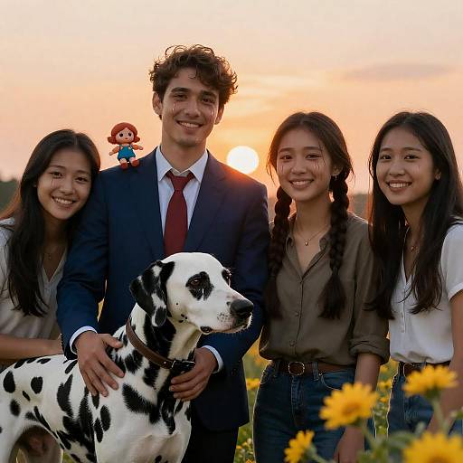 Group of Friends with Dalmatian at Sunset