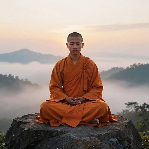 Peaceful Monk Meditating at Sunrise