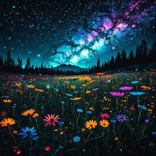 Bioluminescent Meadow Under Vivid Galaxy