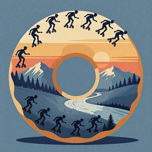 Retro Silhouette Skaters in Panoramic Landscape