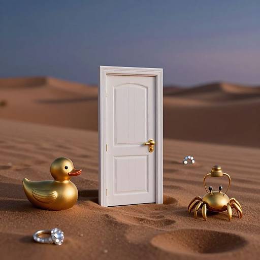 Photorealistic CGI: A white door stands in a desert, flanked by a gold rubber duck and crab, with sparkling rings scattered on the sand