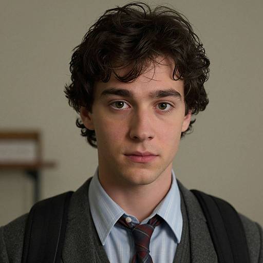Photograph of a young man with curly dark hair, light skin, and brown eyes, wearing a gray blazer, light blue shirt, and striped