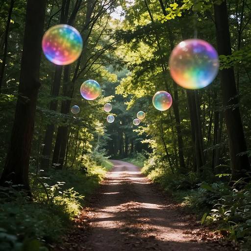 Photograph of a sunlit forest path with colorful iridescent bubbles floating above, surrounded by dense green trees and dappled sunlight.