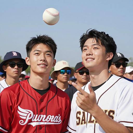Joyful Young Men in a Crowded Scene