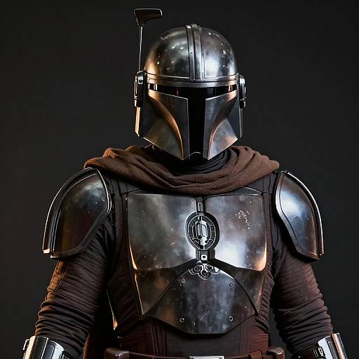 Photograph of a futuristic Mandalorian warrior in shiny, silver armor with a dark helmet, brown scarf, and black background.