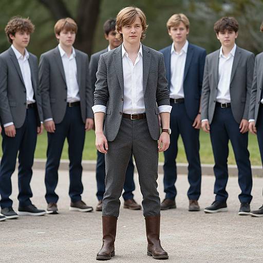 Photograph of a young man with brown hair in a gray suit, white shirt, and brown boots, standing confidently in front of six similarly dressed men