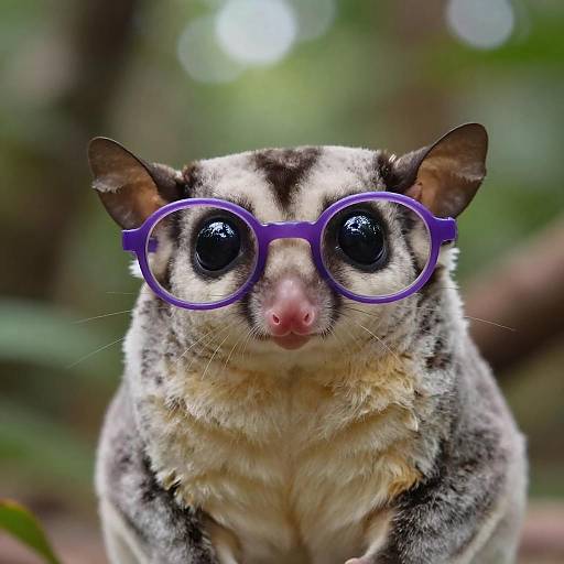 Photograph of a cute, gray-and-white olingo with large, round black eyes and purple glasses, standing in a blurred green forest background.