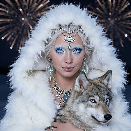 Photograph of a pale-skinned woman with white fur hood, blue eye makeup, silver jewelry, holding a wolf with blue eyes, fireworks in dark