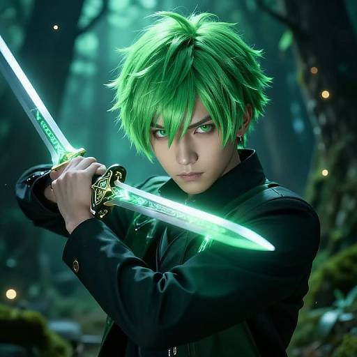 Digital artwork of an androgynous character with neon green hair, intense green eyes, and glowing green sword, in a dark, mystical forest.