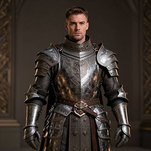 Photorealistic CGI of a stern, bearded man in ornate, silver medieval armor with intricate patterns, standing against a dark, patterned background