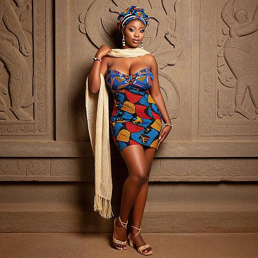 Photograph of a confident Black woman in vibrant blue and red patterned dress, cream scarf, gold sandals, and headwrap, standing against an ancient